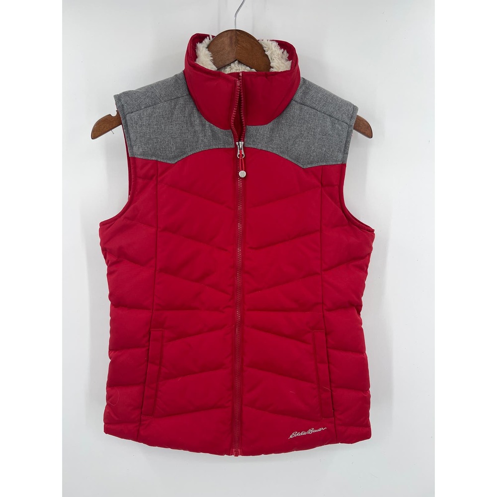 Eddie Bauer Womens 80% down red quilted puffer sherpa fur lined vest size small